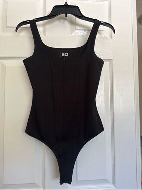 SO Black Square-Neck Seam Detail Bodysuit